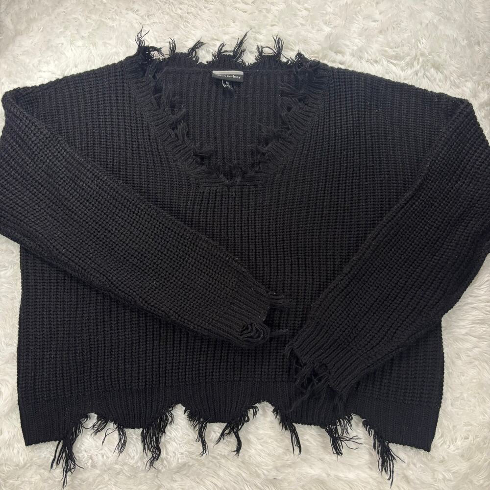Distressed Shredded Black Knit Sweater V-Neck Oversized Grunge Fairy Punk M